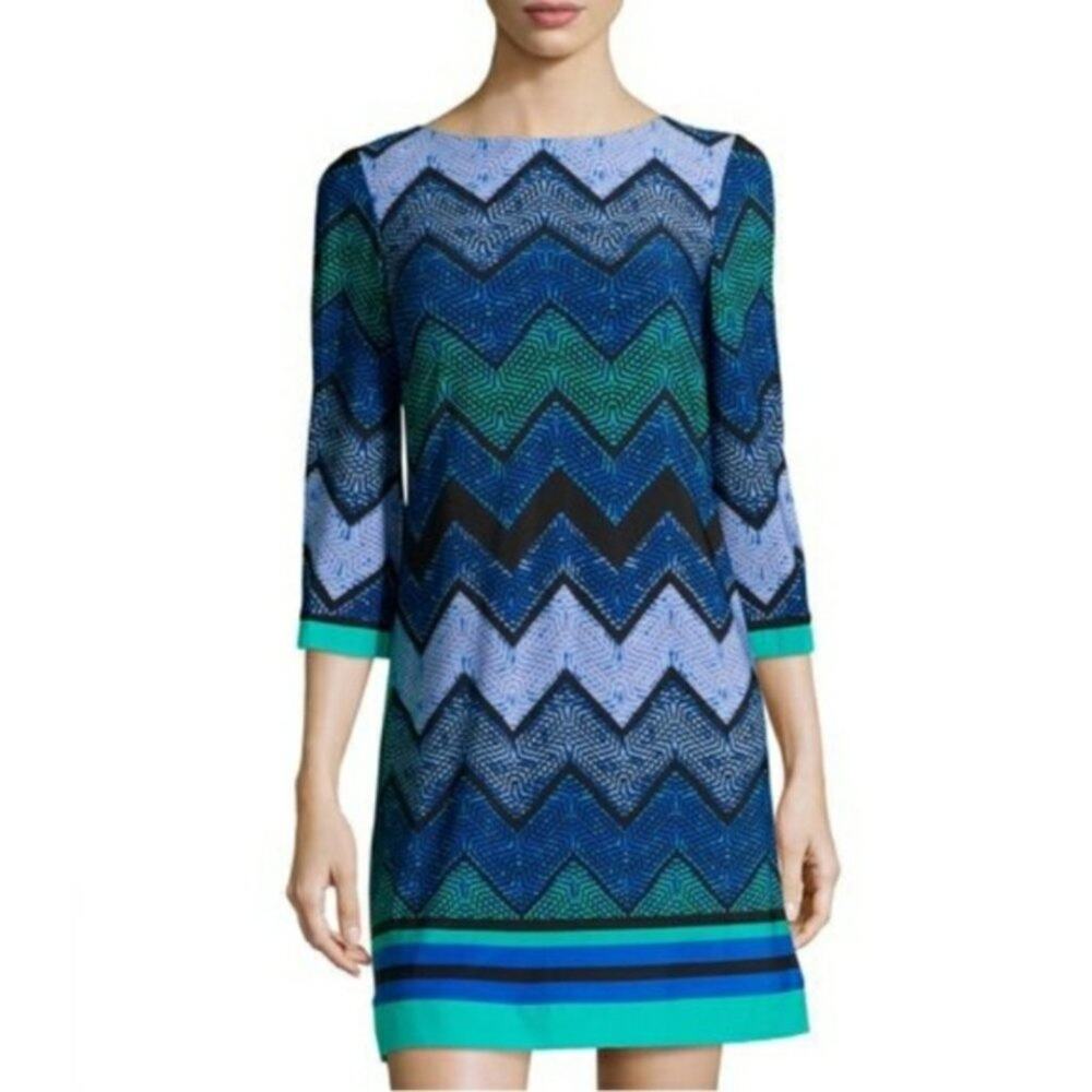 Eliza J. Chevron Dress Full Back Zip Shift Blue and Black Mini Dress Sz. 10